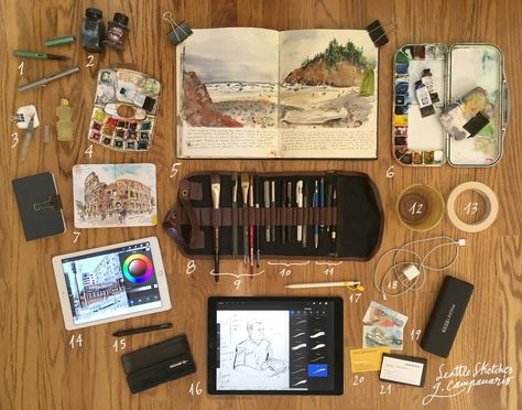 Here’s what Seattle Sketcher carries in his sketching bag | The Seattle Times Van Gogh Watercolor, Supply Organization, Plein Air Watercolor, Lamy Safari, Travel Art Kit, Sketching Tools, Artist Studios, Water Container, Watercolor Kit