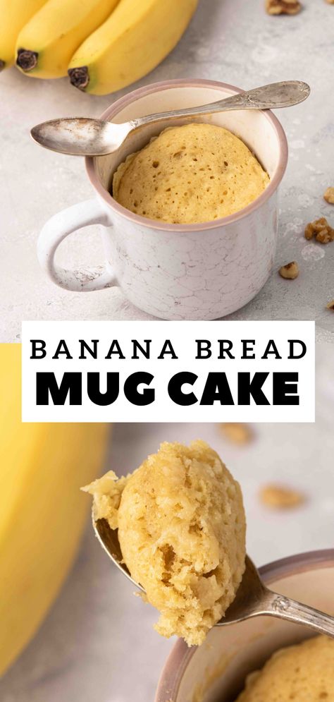 Single serve banana bread mug cake Single Serve Banana Bread, Easy Banana Bread Recipes, Banana Bread Mug Cake, Banana Bread Mug, Banana Mug Cake, Banana Bread Cake, The Best Banana Bread, Banana Bread Ingredients, Mug Cake Recipe