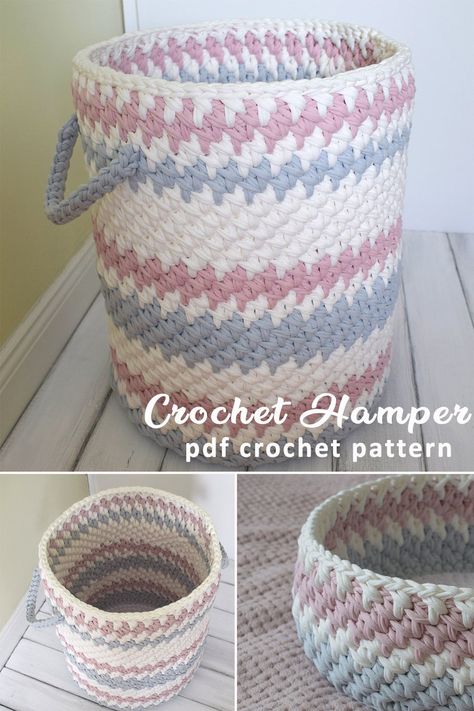 Crochet Hamper, Crochet Laundry Basket, Tshirt Yarn Basket, Pattern Tshirt, Crochet Storage Baskets, Yarn Basket, Tshirt Yarn, Knitting Group, Crochet Storage