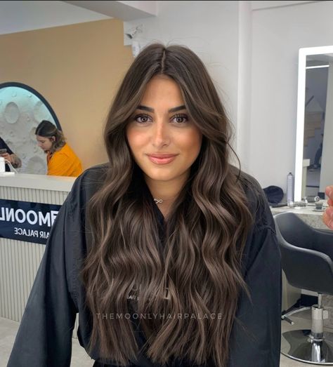 Dark Brown Hair With A Money Piece, Hair For Tan Skin Tone Brown Eyes, Dark Mushroom Brown Balayage, Dark Hair With Brown Lowlights, Balayage For Dark Brown Hair Cool Tone, Dark Hair Toner Before And After, Dark Ashy Black Hair, Dark Brown On Black Hair, Dark Brown Hair With Cool Undertones