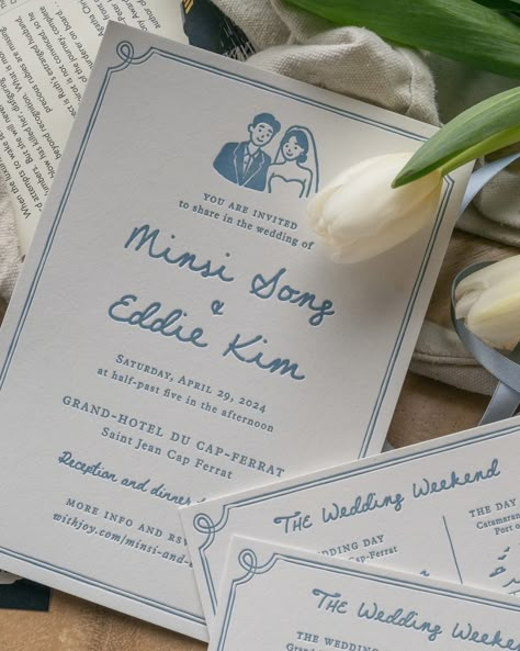 It’s all in the details: vintage stamps, letterpress on soft cotton paper, and double faced satin ribbon strung through a bronze antique label holder for M+E’s wedding weekend in Nice, France 🛥️☕️🥐🌷 . . . . . . . . #customweddingstationery #luxuryweddingstationery #luxuryweddinginvitations #customweddingdesign #classicwedding #minimalwedding #elegantwedding #weddinginvitations #coastalwedding #frenchwedding #modernweddingstationery #handmadelove #customweddingdesign #modernweddingdesign #wax... Invitation Card Mockup, Wedding Invitation Spring, Wedding Invite Ribbon, Comic Wedding Invitations, Wedding Card Minimal, Card Wedding Design, Wedding Cards Ideas, Cute Wedding Invitations, Wedding Invite Ideas