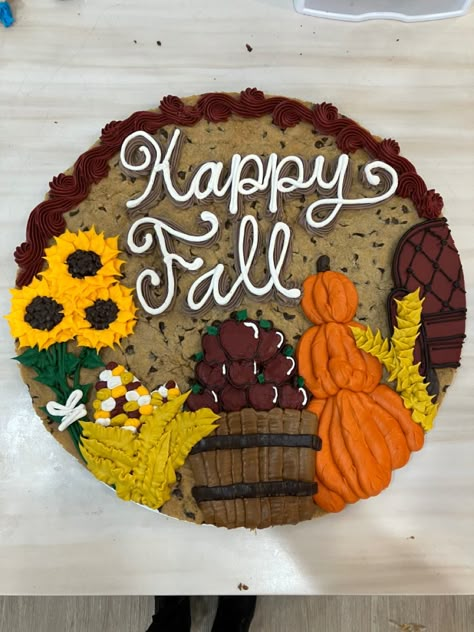 Fall Message Cookie Ideas, Thanksgiving Cookie Cake Ideas, November Cake Ideas, Fall Message Cookies, Fall Cookie Cakes, Thanksgiving Theme Cake, Fall Cookie Cake Designs, Pumpkin Cookie Cake, Fall Cookie Cake