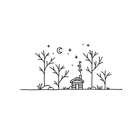 Cabin Doodles Simple, Simple Drawing Nature, Simple Drawings Aesthetic Nature, Simple Christmas Doodles To Draw, Doodle Trees Easy, Easy Drawings Of Trees, Doodle Trees Drawings, Small Illustrations Simple, Cabin Line Art