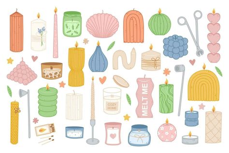 Candle big set. Decorative wax candles for relax and spa. Home design, interior, light concept. Cartoon vector illustration Pancake Drawing, Food Elements, Cupcake Illustration, Pancake Art, Food Cartoon, Illustration Food, Food Drawing, Breakfast Food, Food Illustrations