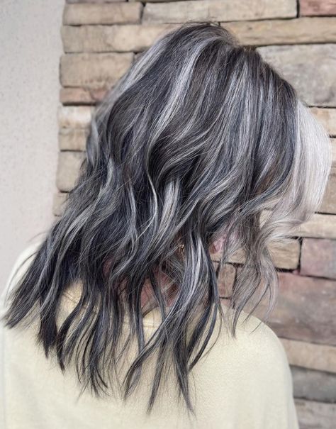 Transitional Grey Hair, Gray Transition, Grey Hair Journey, Silver Hair Highlights, Dark Grey Hair, Color Block Hair, Shoulder Length Curls, Gray Balayage, Grey Hair Transformation