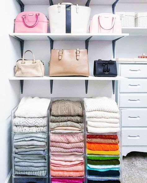 THE HOME EDIT ® | If you’re short on storage, create a sweater station ✨🌈 For product links, go to thehomeedit.com/shop-the-feed [link in bio!] ✨ In-home… | Instagram Closet Baskets, Organized Wardrobe, Sweater Organization, Shirt Storage, Master Closet Organization, Organization Systems, Closet Addition, Downtown Living, Sweater Storage