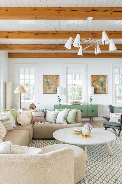 House With Pops Of Color, Airy Living Room Decor, Light Airy Living Room, Hanging Porch Bed, Cortney Bishop, Airy Living Room, Island Beach House, Beach House Vacation, Cozy Breakfast Nook