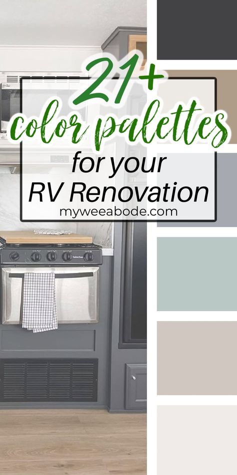 Discover 21 color palettes for your camper trailer renovation that will transform your space into a cozy haven on wheels. Explore these inspiring camper trailer color schemes to find the perfect blend of hues for your next design project. #myweeabode #rvrenovation #traveltrailer #tinyhome Two Tone Camper Cabinets, Gray Camper Cabinets, Rv Renovation Color Scheme, Rv Remodel Paint Colors, Trailer Painting Interior, Color Schemes For Rv Camper Interior, Rv Remodel Color Schemes, Camper Renovation Color Schemes, Camper Van Color Schemes