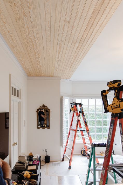 We added Beadboard to our Bedroom Ceiling! (Here's how!) - Chris Loves Julia Beadboard Ceiling With Recessed Lighting, How To Bead Board Ceiling, Vaulted Ceiling With Beadboard, Beadboard Ceiling Dining Room, Pine Beadboard Ceiling, Beadboard Ceiling Stained, Bead Board Ceiling With Beams, Drywall Ceiling Alternatives, Beadboard Basement Ceiling