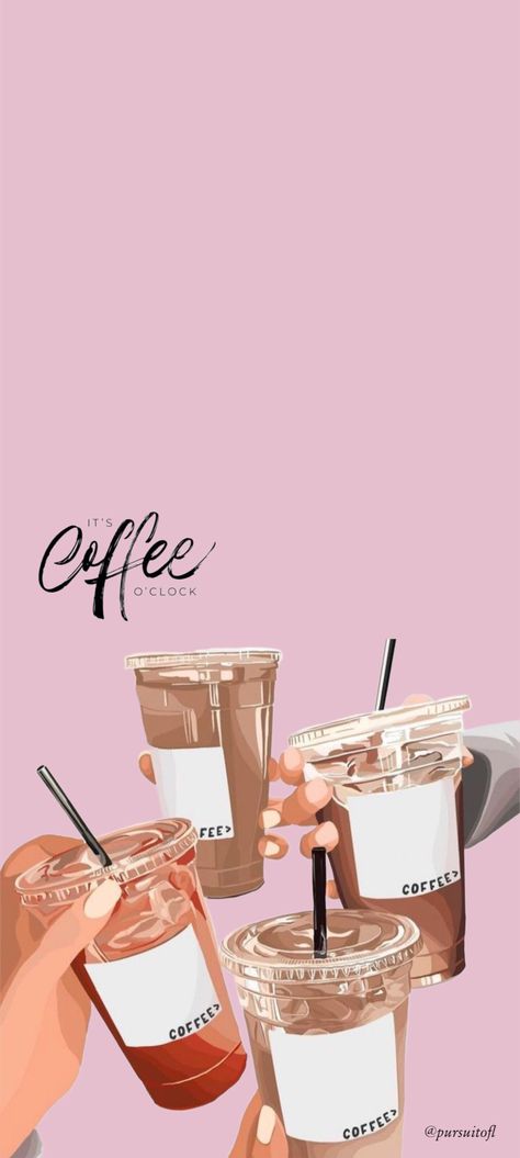 Mauve phone wallpaper with hands holding iced coffee cups labeled coffee with straws and it's coffee o'clock text Iced Coffee Wallpaper Aesthetic, Coffee Shop Aesthetic Wallpaper, Phone Cover Wallpaper, Coffee Stickers Aesthetic, Cute Coffee Aesthetic, Iced Coffee Wallpaper, Cut Wallpapers, Coffee Aesthetic Wallpaper, August Wallpapers