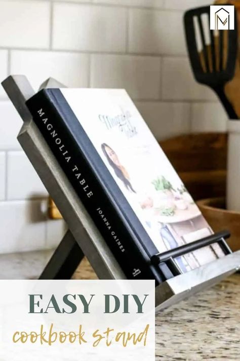 Wooden Cookbook Holder Diy, Diy Recipe Holder Ideas, Wooden Book Stand Diy, Cookbook Holder Diy, Diy Cookbook Stand, Wood Cookbook Stand, Diy Book Holder, Cook Book Holder, Recipe Book Holder