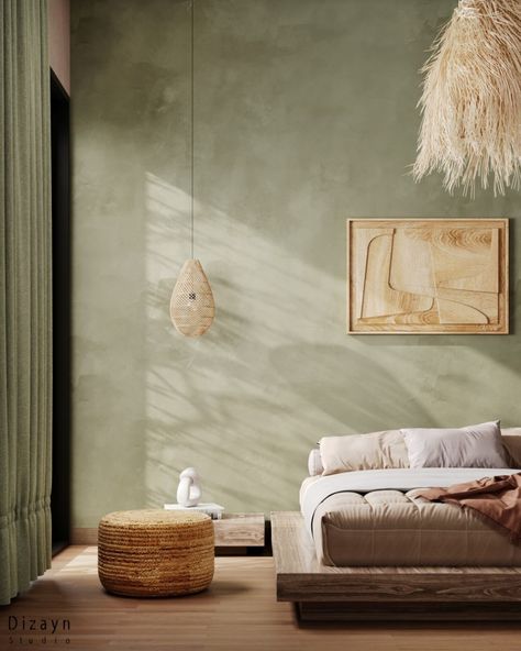 Sage Green Limewash Wall, Sage Green Lime Wash Wall, Limestone Bedroom, Green Limewash Bedroom, Green Limewash Wall, Mexican Bedroom, Lime Wash Walls, Limewash Walls, Concrete Effect Paint