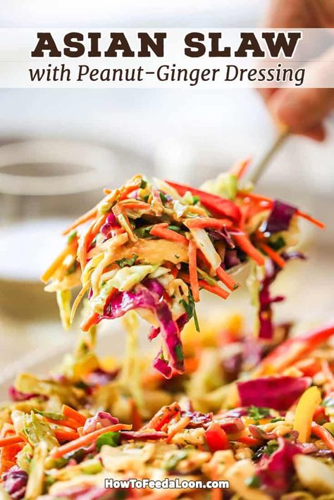 Asian Slaw with Peanut-Ginger Dressing is truly one of those side dishes that is bursting with fantastic taste and is gorgeous on the table. Get the complete recipe with ALL-NEW VIDEO on the blog! Thai Slaw With Peanut Dressing, Ginger Slaw, Peanut Ginger Dressing, Asian Slaw Recipe, Chicken And Cabbage, Asian Slaw, Peanut Dressing, Ginger Dressing, Vegetarian Cabbage