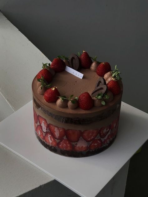 Strawberry Chocolate Cake Aesthetic, Dark Chocolate Cake Aesthetic, Chocolate Cake Aesthetic Korean, Korean Chocolate Cake, Kue Macaroon, Mini Torte, Pretty Dessert, Creative Birthday Cakes, Just Cakes