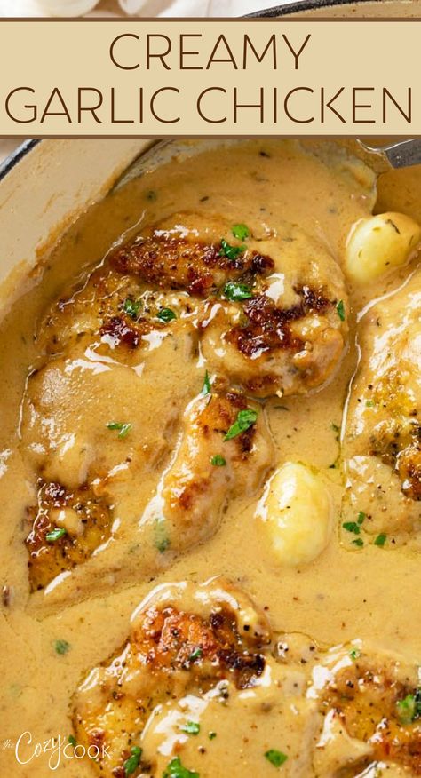 Garlic chicken in a creamy sauce with caramelized garlic chunks in the sauce Gourmet Chicken, Creamy Garlic Chicken, Garlic Chicken Recipes, Chicken Entrees, Gourmet Dinner, Chicken Dish, Chicken Main Dishes, Favorite Chicken, Creamy Garlic