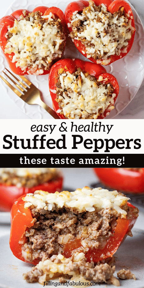 These brightly colored Stuffed Peppers with Cauliflower Rice make for a healthy dinner recipe the whole family will love! Not a fan of cauliflower rice? You can substitute it with regular rice. Cauliflower Stuffed Peppers, Stuffed Pepper With Cauliflower Rice, Cauliflower Rice Stuffed Peppers, Stuffed Bell Peppers No Rice, Unstuffed Peppers With Cauliflower Rice, Stuffed Peppers With Cauliflower Rice, Healthy Stuffed Bell Peppers Turkey Cauliflower Rice, Stuffed Bell Pepper Casserole With Cauliflower Rice, Stuffed Bell Peppers Vegetarian Rice