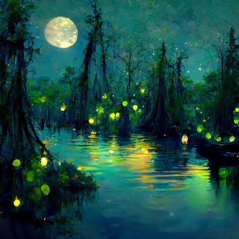 Sleepy lagoon moon forest swamp creek fairy lights floating glow arabesque tiny boat trees moss night Louisiana beautiful 4K Impressionism jazz green fireflies Tree At Night Painting, Night Pond Painting, Moon Forest Painting, Swamp Scene Painting, Swamp Landscape Art, Swamp Painting Easy, Night Lake Painting, Fantasy Swamp Art, Whimsical Forest Art