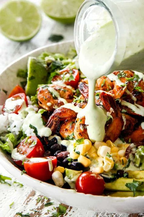 Cilantro Lime Salad Dressing Cilantro Lime Shrimp Bowl, Shrimp Buddha Bowl, Food Cravings Dinner, Shrimp Burrito Bowl Recipe, Buddha Bowl Sauce, Shrimp Burrito, Lime Salad Dressing, Shrimp Bowls, Lime Salad