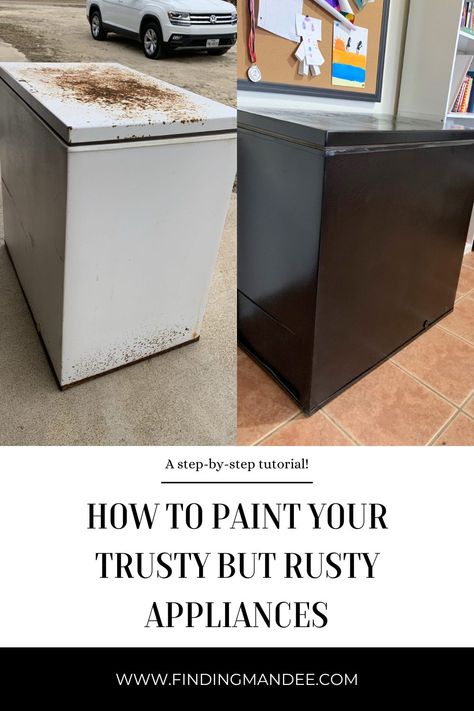 Painting Deep Freezer, Cover Deep Freezer, Painted Deep Freezer, How To Paint Refrigerator, Laundry Room Paint Colors Black Appliances, Paint Deep Freezer, Deep Freezer In Garage, How To Paint Appliances, Hide Deep Freezer