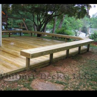 Bench idea? Bench Seating On Deck, Cabin Porch Ideas, Tiny Deck, Camper Deck, Deck Around Trees, Deck Benches, Porch For Camper, Deck Bench Seating, Corner Deck