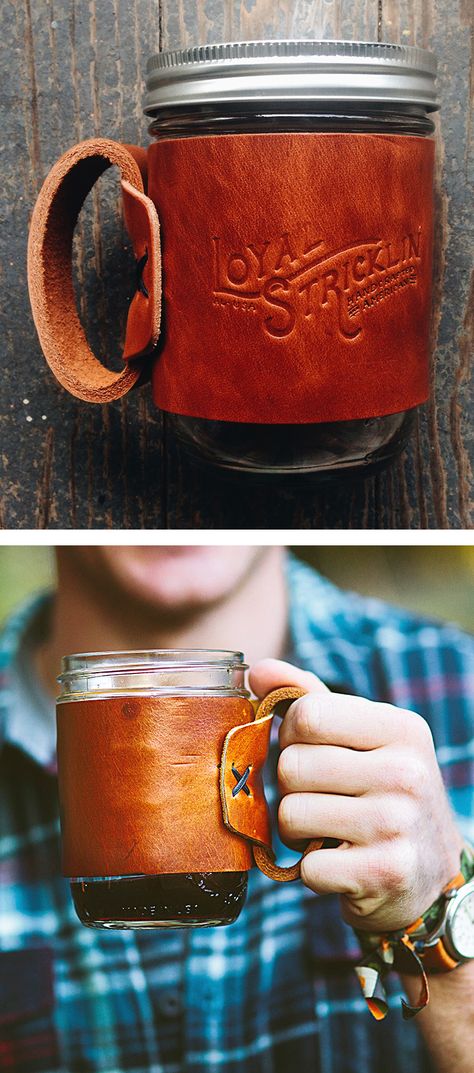 ขวดโหล Mason Jar, Leather Mason Jar, Beer Koozie, Jam Jars, Morning Habits, Leather Product, Gift Design, Leather Crafts, Iron Handles