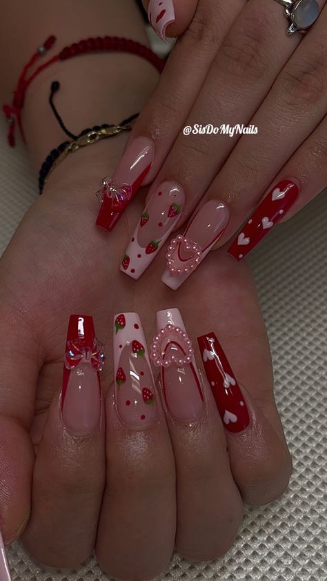 Strawberry Shortcake Nails Acrylic, Nail Designs Colorful, Strawberry Shortcake Nails, Girly Acrylic Nails, Cute Acrylic Nail Designs, Pretty Gel Nails, Really Cute Nails, Soft Nails, Unique Acrylic Nails