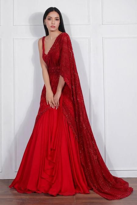 Draped Lehenga, Ritika Mirchandani, Drape Lehenga, Lehenga Sari, Net Embroidery, Saree Designs Party Wear, Indian Fashion Saree, Red Lehenga, Embroidered Lehenga