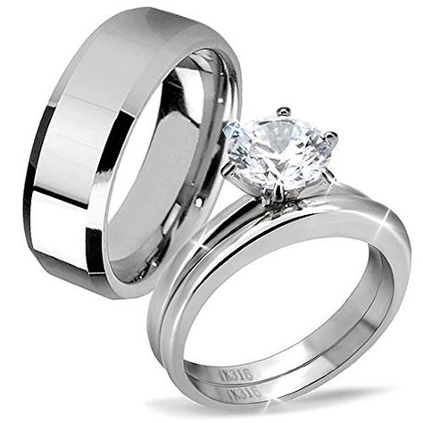 His Hers Stainless Steel Mens Band Women Cubic Zirconia Round Cut Wedding Engagement Ring Set * Read more at the image link. (This is an affiliate link) Groom Wedding Band, Matching Ring Set, Classic Jewelry Pieces, Engagement Wedding Ring Sets, Wedding Engagement Ring, Matching Rings, Mens Band, Engagement Ring Set, Ring Fit