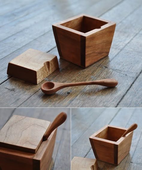 four different views of wooden utensils and spoons on the floor with wood blocks