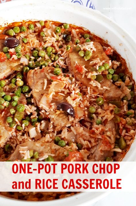 One-Pot Pork Chop and Rice Casserole is an all in one Dinner with tender, juicy Pork Chops, vegetables and tomato rice [easy oven baked recipe] #PorkChops #ComfortFood #OnePotMeals #EasyPorkChopCasserole #CasseroleRecipes Pork Chop Rice Bowl, Pork Chop And Rice Casserole, Pork Chop And Rice, Pork And Rice Recipes, Pan Pork Chops, Pork Chops And Rice, Barbecue Pork Ribs, Pork Casserole, Baked Recipe