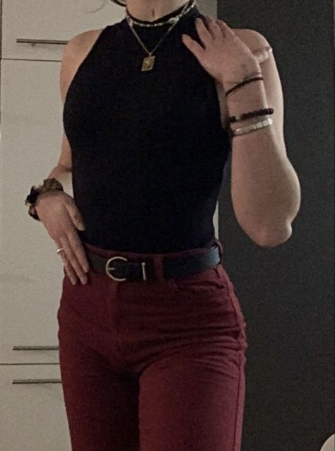 #redjeans #aesthetic #black #outfitideas #outfits #dark Dark Womens Fashion, Black And Red Clothing Aesthetic, Dark Femine Aesthetic Outfit, Catra Inspired Outfit, Dark Red Jeans Outfit, Dark Red And Black Outfit Aesthetic, Dark Wardrobe Aesthetic, Red Jeans Aesthetic, Dark Color Outfits Aesthetic