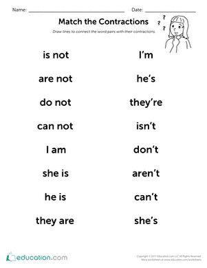 Second Grade Reading & Writing Worksheets: Match the Contractions Homeschooling 2nd Grade, Second Grade Reading, Third Grade Worksheets, Centers For Kindergarten, Homeschool Worksheets, First Grade Worksheets, Grade Spelling, Homeschool Education, Elementary Writing