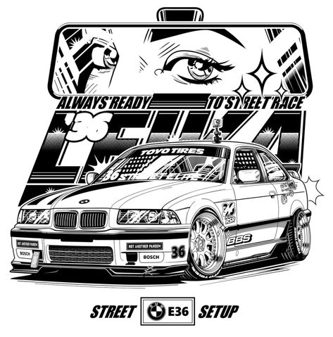 Cool Printed Shirts, E36 Bmw Drawing, Street T Shirt Design, Bmw T Shirt Design, Back Of Shirt Design Ideas, Bmw Illustration, Bmw E 36, Car Drawing Ideas, T Shirt Design Ideas Art