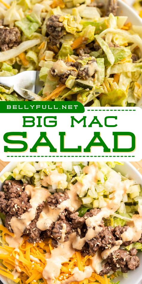 Serve up the flavors of your favorite fast food burger without the bun with this Big Mac Salad recipe! This summer salad idea that is protein-packed and low-carb will be a hit Memorial Day party food idea! Big Mac In A Bowl, Mac Salad Recipe, Fast Food Burger, Memorial Day Foods, Big Mac Salad, Mac Salad, Food Burger, The Bun, Bariatric Recipes