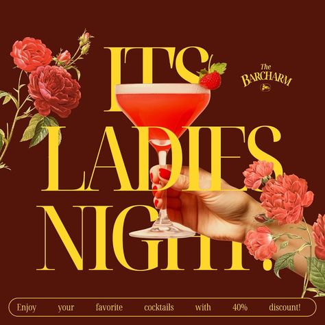 Ladies night Instagram post template, editable design | premium image by rawpixel.com / Aew Ladies Night Out, Instagram Event Post Design, Ladies Night Poster, Bar Graphic Design, Event Instagram Post, Creative Post Design, Wine Branding Design, Ladies Night Flyer, Wine Artwork