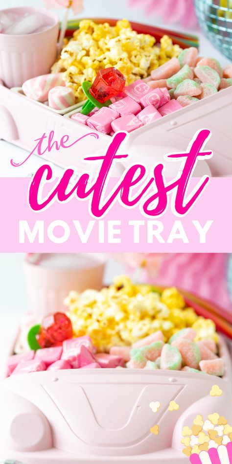 Movie Night Tray Ideas, Barbie Movie Night Snacks, Ladies Movie Night Ideas, Barbie Movie Snacks, Mean Girls Movie Night, Movie Night Tray, Kid Movie Night Snacks, Movie Night Snack Bar, Movie Snack Tray