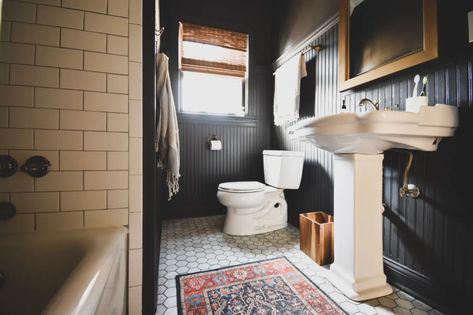 1920s Tudor-Style Tulsa Home Photos | Apartment Therapy Tudor Style Bathroom Ideas, Tudor Bathroom, 1920s Tudor, 1920s Home Renovation, Nyc Bathroom, Spanish Bungalow, 1920s House, Wood Bathroom Vanity, Tudor Style Homes