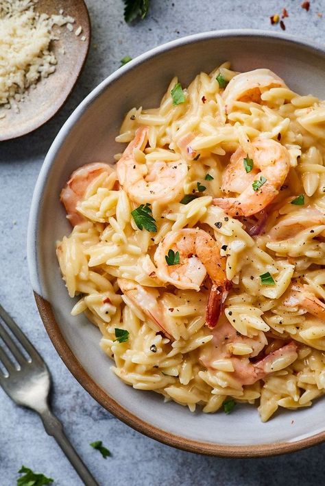 Fish Orzo Recipes, Creamy Shrimp Recipes With Rice, Fish With Orzo, Shrimp Scampi Orzo Recipes, Garlic Butter Prawn Orzo, Fish And Orzo Recipes, Lemon Shrimp Orzo Recipes, Lemon Orzo With Shrimp, Lemon Garlic Shrimp Orzo