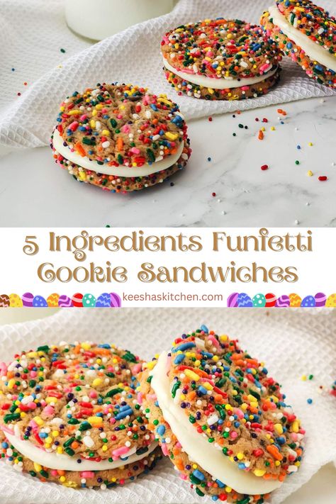 Discover the joy of making Funfetti Cookie Sandwiches with just 5 simple ingredients! Perfect for busy bakers and dessert enthusiasts alike, these vibrant cookie sandwiches are a breeze to prepare and an absolute delight to eat. With their colorful funfetti sprinkles and creamy filling, they're sure to add a pop of color and a burst of flavor to any occasion. Dive into this easy, fun recipe that promises to be a hit at parties, gatherings, or as a sweet treat for yourself! Confetti Sandwich Cookies, Sandwich Guide, Funfetti Sprinkles, Desserts Table, Cookie Sandwich Recipes, Funfetti Cookies, Bridal Shower Desserts, Cookie Sandwich, Cookie Sandwiches