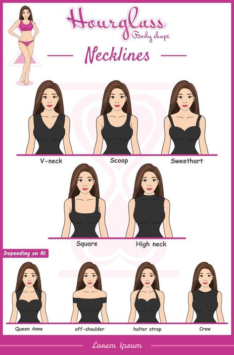 necklines tips for Hourglass body type or body shape Hourglass Dos And Donts, Causal Hourglass Outfits, Stylish Outfits For Hourglass Shape, Dresses Hourglass Shape Short, Hourglass Wardrobe Staples, Neckline For Hourglass Shape, Tank Tops For Hourglass Shape, Dressing For Your Body Type Hourglass Style, Dress Style For Hourglass Shape