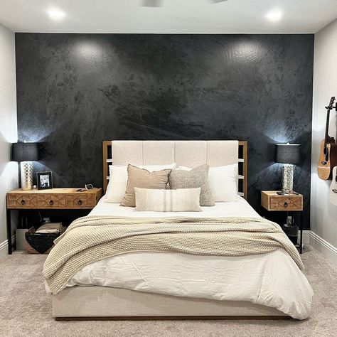 Masculine Bedroom Wallpaper, Textured Interior Walls, Concrete Wallpaper Bedroom, Black And Gold Accent Wall Living Room, Dark Wallpaper Bedroom Accent Wall, Black Wallpaper Bedroom Ideas, Dark Feature Wall Bedroom, Room With Black Accent Wall, Industrial Accent Wall