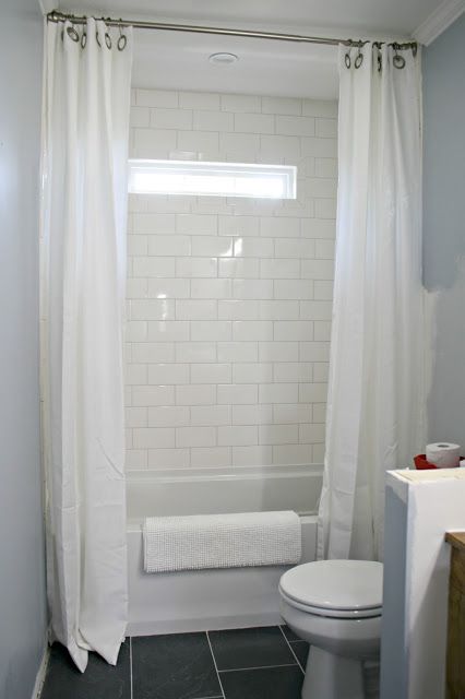 Brilliant!  Use drapes on your shower for that double curtain look - so pretty! Tall Shower Curtains, Two Shower Curtains, Double Shower Curtain, Subway Tile Showers, Mold In Bathroom, Long Shower Curtains, Thrifty Decor Chick, Double Shower, Double Curtains