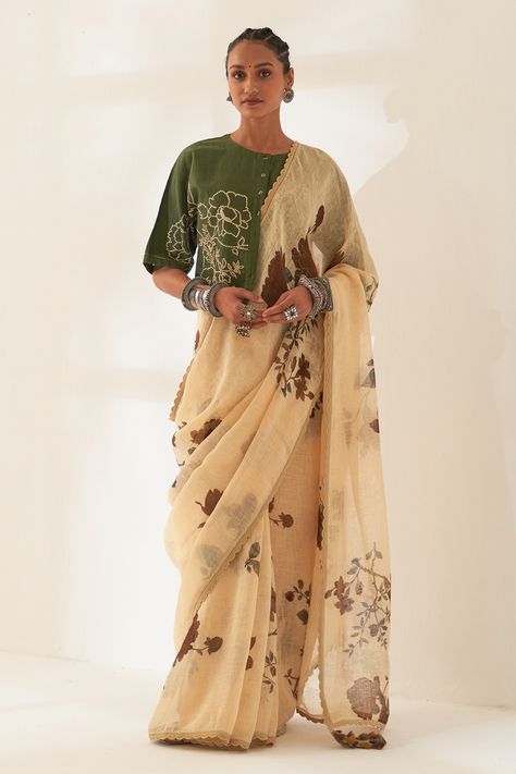 Shop for these amazing collections of Beige Mahogany Pure Linen Handloom Saree With Unstitched Blouse For Women by Kasturi Kundal online at Aza Fashions. Saree Tassel, Draping Styles, Long Blouse Designs, Khadi Saree, Saree Draping, Unique Blouse Designs, Stylish Blouse Design, Unique Blouse, Linen Color