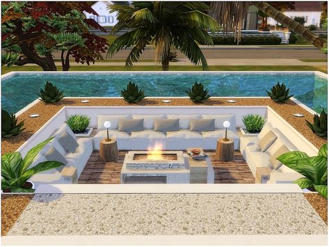 Sims 4 Houses Backyard, Sims 4 Sunken Living Room, Sims House Ideas Modern, Cypress Terrace Sims 4, Sims 4 Deck Ideas, Sims 4 Cc Backyard Decor, Sims 4 Easy House Build, Sims 4 Lounge Ideas, Backyard Sims 4 Ideas