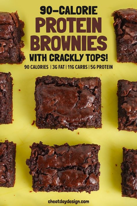 As a brownie lover, I can assure you that these are the last protein brownies you will ever need. They are dense, chewy, and they even have those beautiful crackly tops you want on a brownie! Each brownie is just 90 calories with 5 grams of protein, making this a treat you can feel good about. 37 Calorie Brownie, Macro Brownies, Chocolate Protein Brownies, Cottage Cheese Protein Brownies, Single Serve Protein Brownie, High Protein Low Carb Sweet Snacks, Protein Desserts Low Calorie, Cottage Cheese Brownies, Protein Brownies Healthy