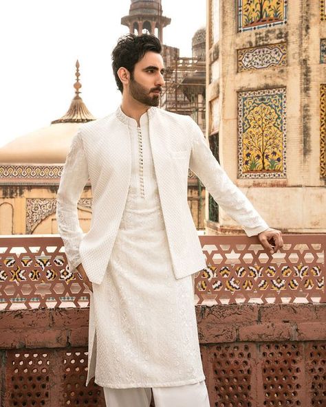 follow this White Lenin Kurta For Men, Nikah Kurta For Men, White Indian Outfit Men, Barat Outfit Men, Off White Mens Kurta, Kurta Waistcoat Men Wedding, Kurta Nehru Jacket Men, White Kurta Pajama Men With Jacket, Nikkah Outfit Men