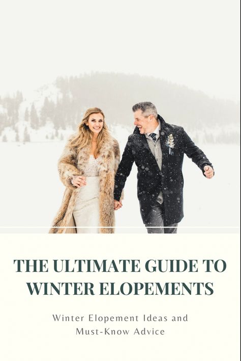 Couple running in the snow during their winter elopement Casual Elopement Outfit Winter, December Elopement Ideas, Mountain Elopement Dress Winter, Winter Wedding Elopement Ideas, New Years Elopement, Winter Elopement Outfit, Winter Mountain Elopement, Suits In Winter, Winter Elopement Dress