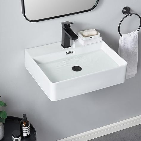 SHACO Wall Mount Sink for Small Bathroom, 20x16 Inch Wall Mounted Bathroom Sink with Installation Kit, Wall Hung Floating Sink White Single Hole Lavatory Powder Room Washroom Ceramic Bathroom Sink - Amazon.com Floating Sink Bathroom Small Spaces, Small Sinks For Small Bathrooms, Floating Sink Bathroom, Sink For Small Bathroom, Floating Bathroom Sink, Mounted Bathroom Sink, Accessible Bathroom Design, Floating Sink, Toilet Room Decor