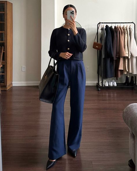 life with jazz, workwear, styling navy, navy trousers, black sweater jacket, black heels, pointed heels, leather tote, smart casual Blue Tailored Pants Outfit, Navy Heels Outfit, Navy Trousers Outfit Women, Navy Blue Trousers Outfit, Navy Trousers Outfit, 2023 Workwear, Blue Trousers Outfit, Navy Pants Outfit, Tailored Pants Outfit