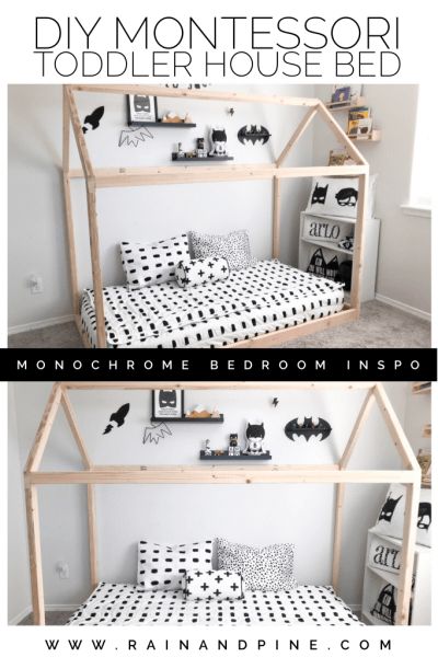 Floor House Bed, Diy Floor Bed, Diy Seng, Diy Toddler Bed, Toddler House Bed, Monochrome Bedroom, Minimalist Dekor, Boy Toddler Bedroom, Diy Montessori